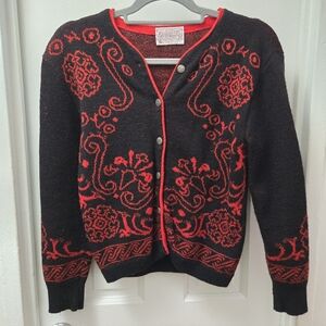 Pendleton Vintage Black & Red Virgin Wool Cardigan Sweater • Small Petite • USA